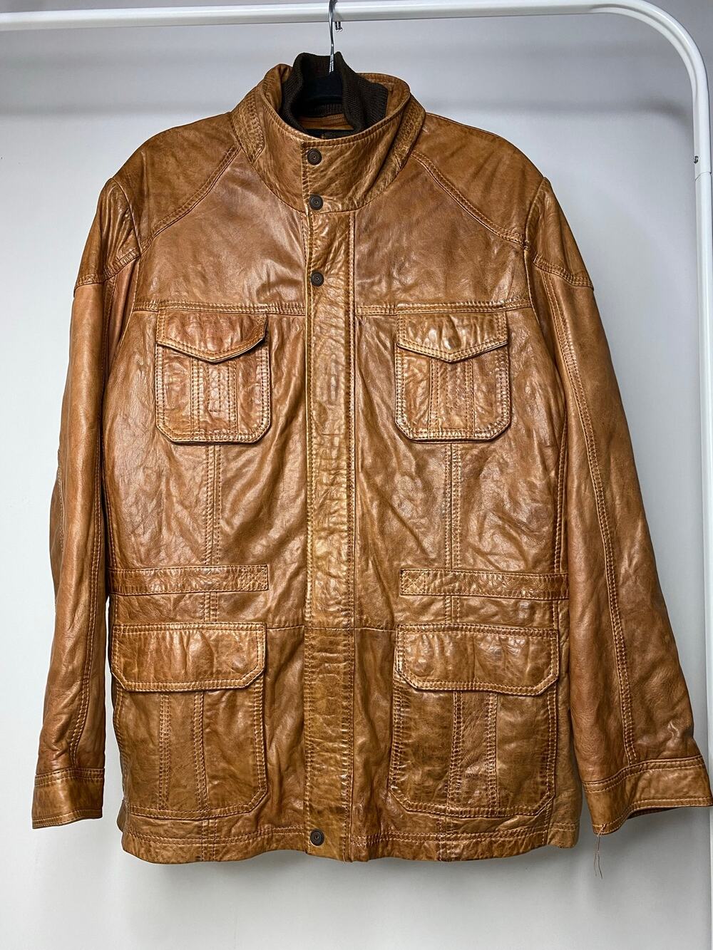 Carbon2Cobalt Men's Large Leather Bomber Jacket Brown Double Zip Up Mock